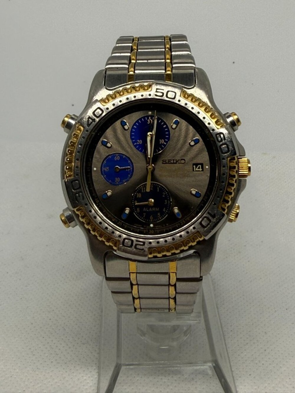 Seiko Sports 150 7T32-6C09 Men's 40mm Two-Tone Grey Blue Chrono Alarm Watch